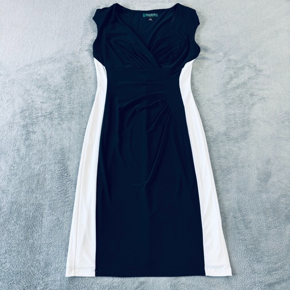 Lauren Ralph Lauren Dress Womens 4 Black White Color block Sheath Wrap Career